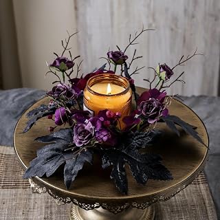2 Pcs Halloween Candle Rings Wreaths Artificial Rose with Maple Leaves Candle Holder Spooky Centerpiece for Table, Fireplace, Door Decor