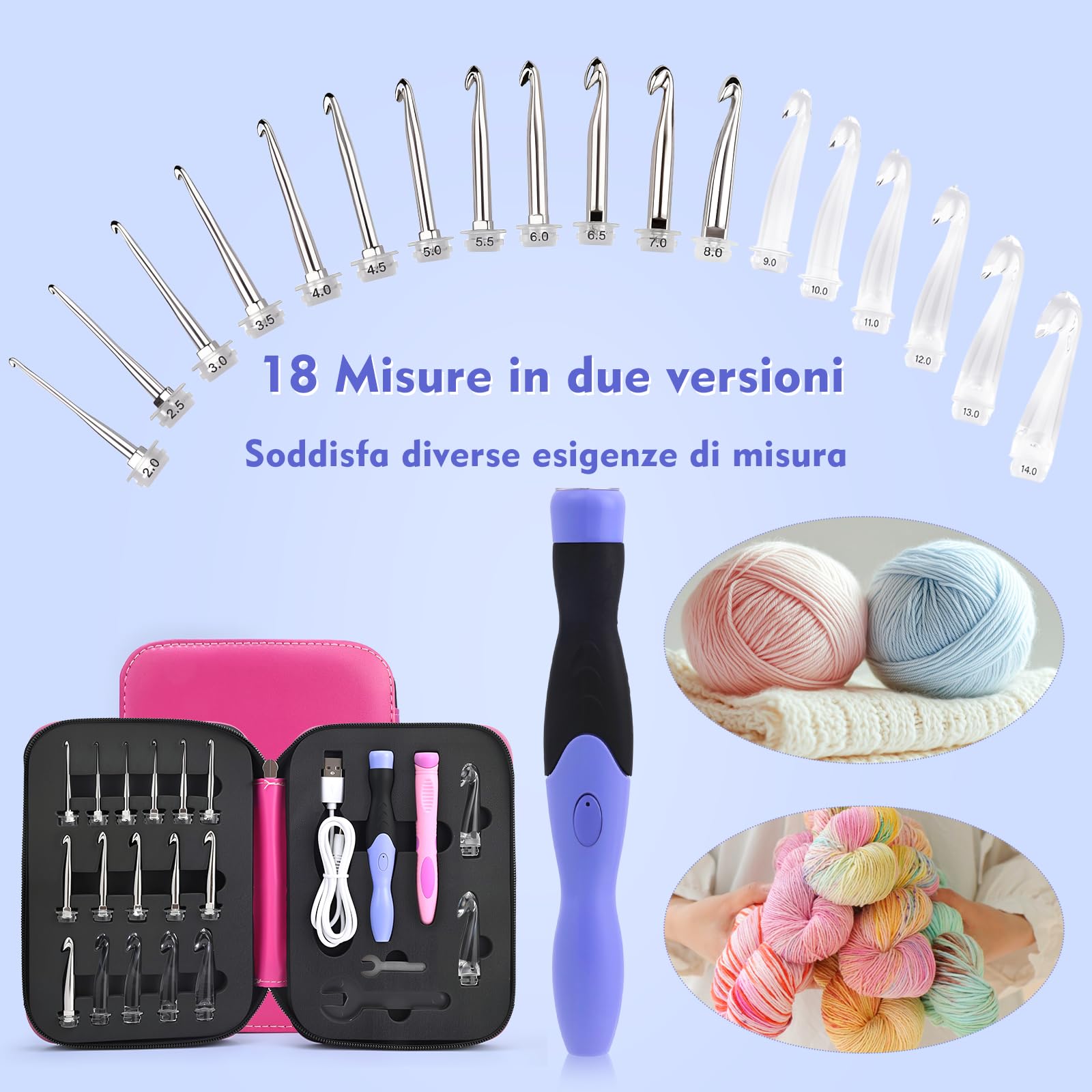 AIYUNDI Set di Uncinetti 18 in 1 con Luce a LED, Uncinetti Ergonomici con Manico di Ricambio e Custodia,per Uncinetto e Lavoro a Maglia,Kit Uncinetto Principianti ed Esperti (2,0-14,0mm)