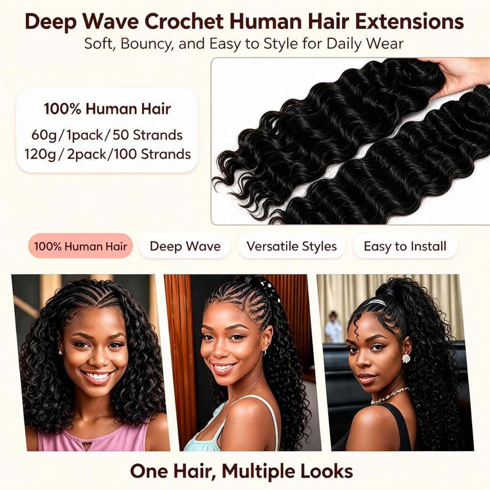 Capelli umani all'uncinetto per donne nere, 40,6 cm, capelli umani ricci all'uncinetto, 120 g, nodi miracolosi pre-separati, extension di capelli umani ondulati profondi, 96 ciocche, colore nero