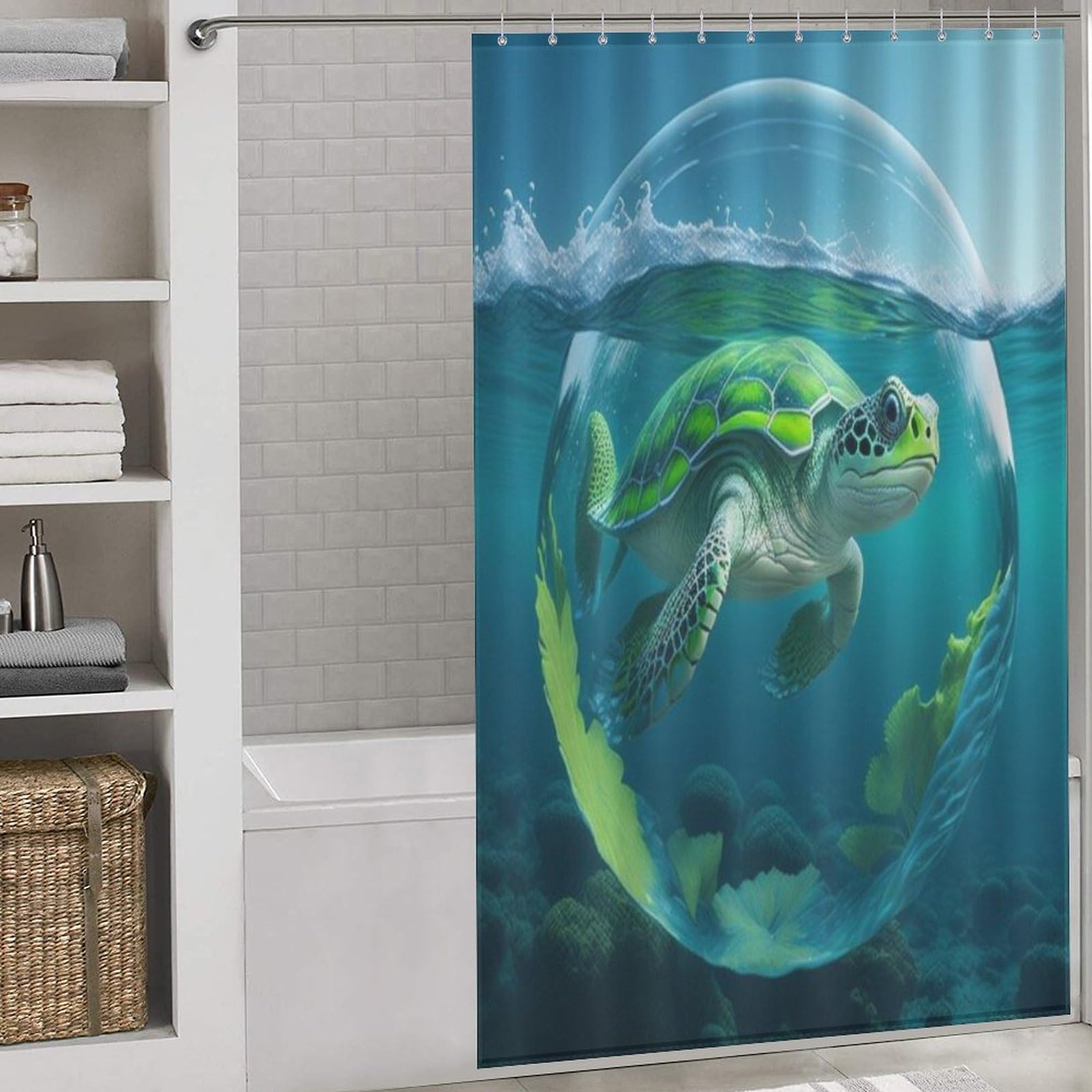 Tortue rideau de douche en polyester lavable 140x183 cm avec 12 crochets antirouille pour salle de bain
