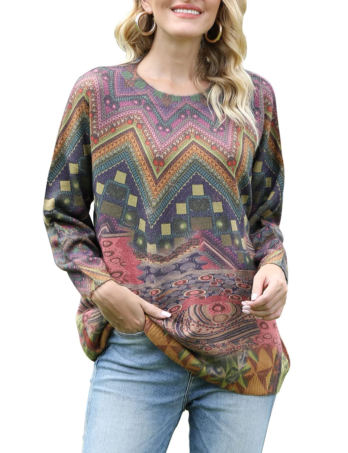 YESNO Women Sweater Graphic Oversized Pullover Sweaters Casual Loose Long Sleeve Knit Tops XS S01 CR35