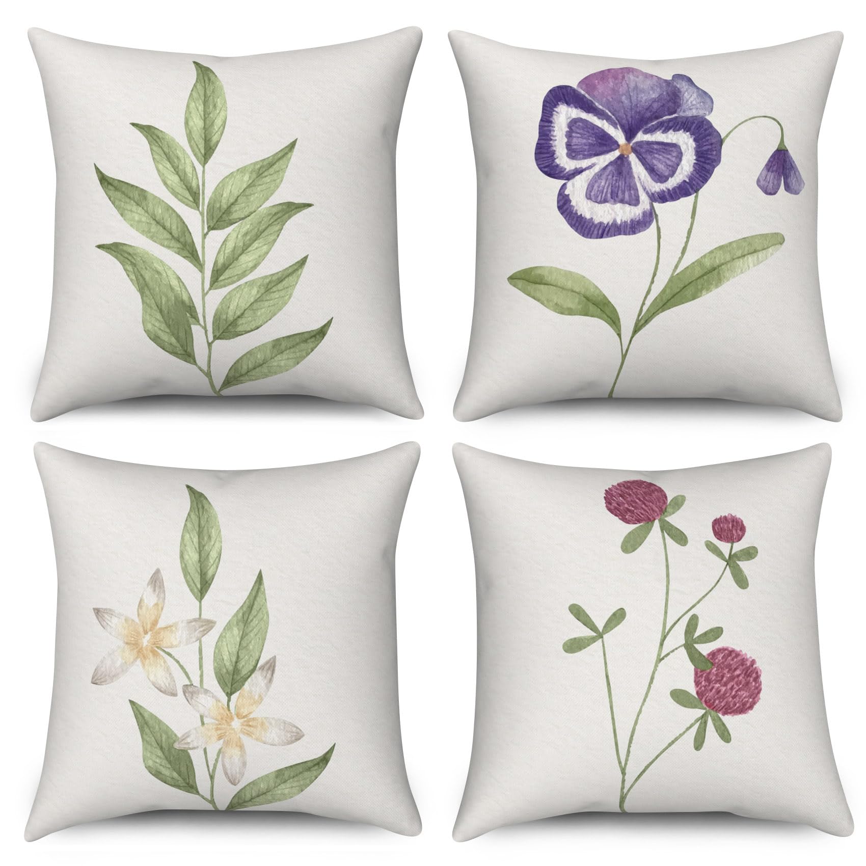 ASDCXZ Flower Pillow Cover 50x50 cm 4pcs Set, Hand Painted Purple Flower Green Leaves Sofa Deco Pillow Covers Washable Polyester Flax Textile Outdoor Upholstery โ image 1