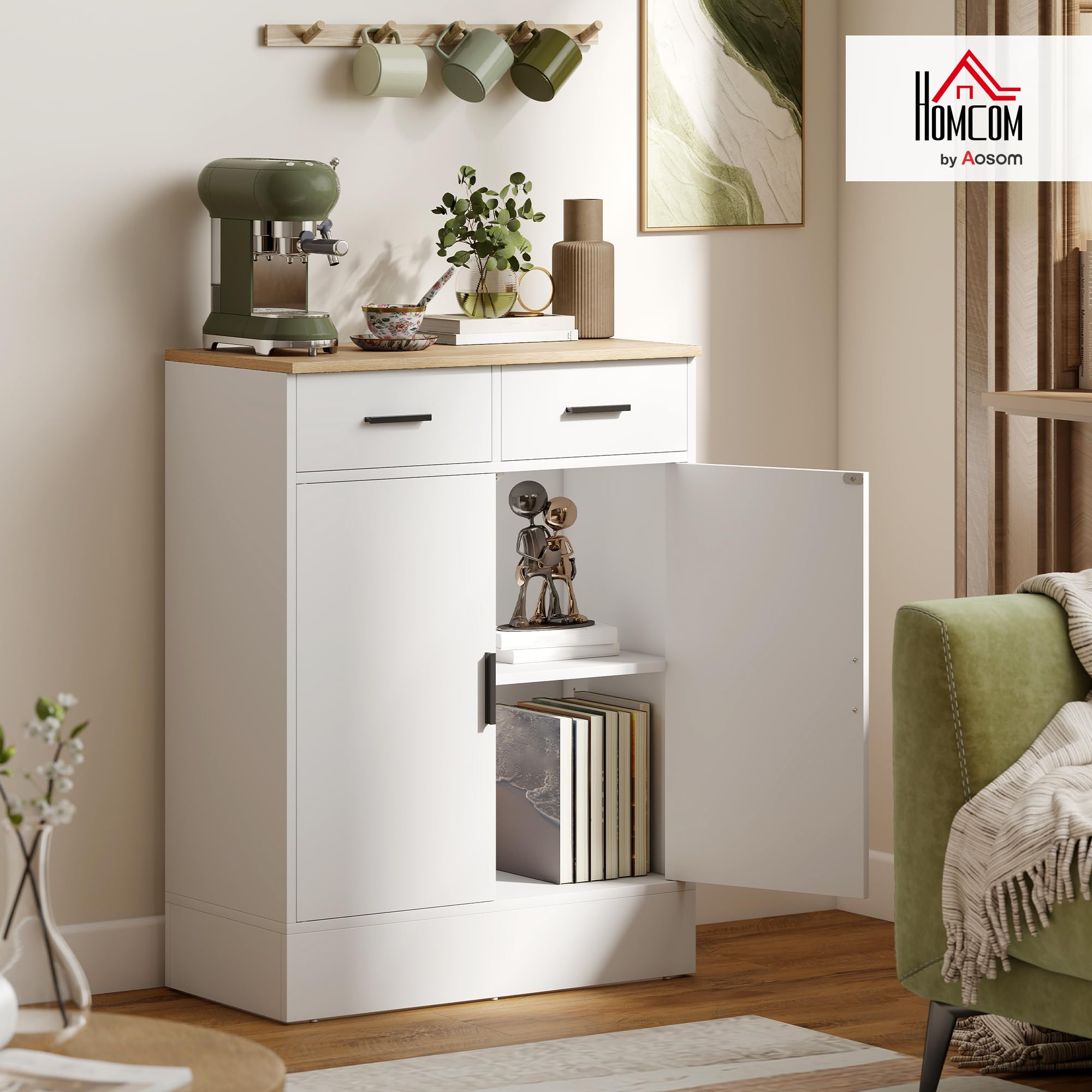 HOMCOM Aparador de 2 Puertas, Aparador de Salón con 2 Cajones y Estantes Ajustables, para Cocina, Entrada, Dormitorio, Blanco y Natural, 68,6x35x90,3 cm
