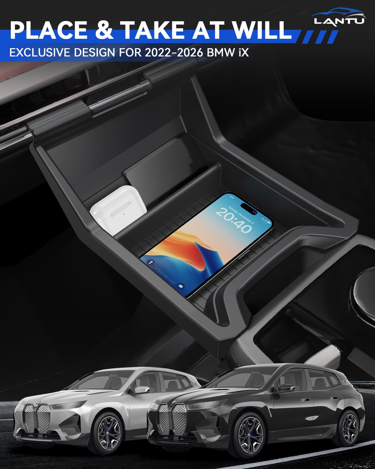 Mittelkonsole Organizer Tray für BMW iX 2022-2025 Aufbewahrungsbox mit Anti-Slip Flüssiges Silikon BMW iX Zubehör Patented Design (Obere)