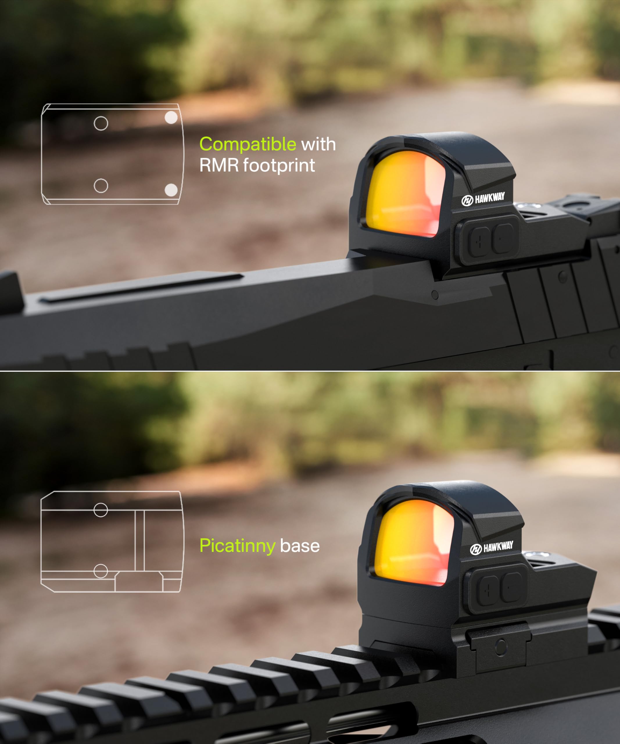 HAWKWAY Interrupteur à secouer automatique LED 2 MOA Red Dot sans parallaxe pour une empreinte RMR pleine grandeur
