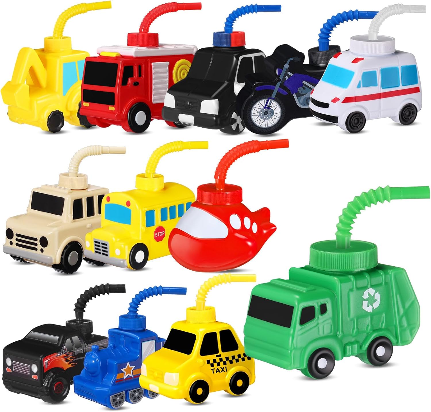 Tanlade 12 Pcs Truck Traffic Vehicle Cups with Straws, 10 oz Plastic Reusable Race Car Transportation Shape Cup Plastic Cups Bulk Truck Birthday Party Favor for Kids Car Party