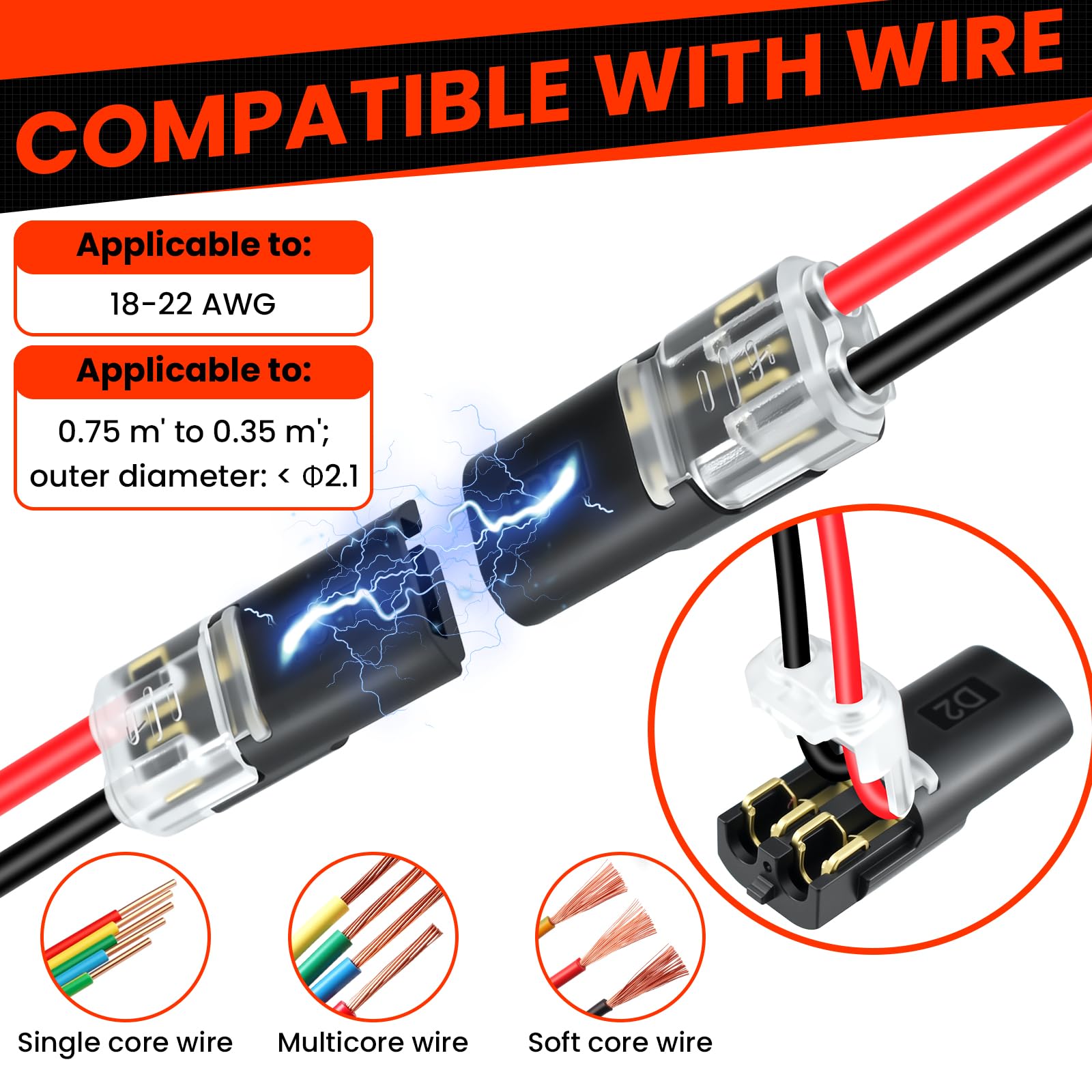 Aifeier ET 120 conectores de doble cable con hebilla de bloqueo, sujetadores de cable de bajo voltaje de clip rápido, conectores de tira de luz LED de 2 pines, sin corte de pelado de cables