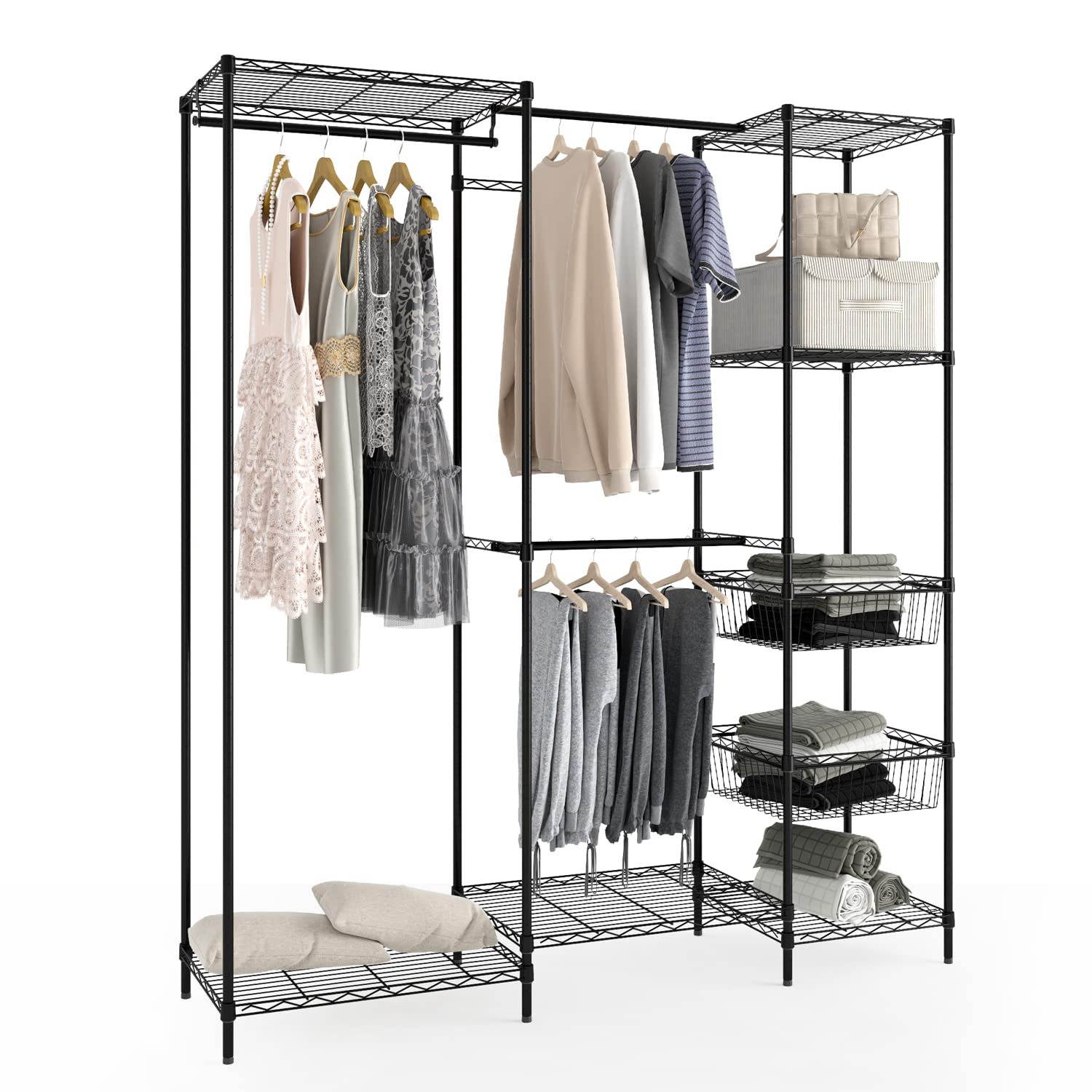 xiofio 6 tiers heavy duty garment rack metal wardrobe rack clothing storage rack portable closet hang clothes rack closet organizer system freestanding & adjustable wardrobe for large storage 60.7"l x 15.7"w x 70.5"h max load 720lbs black