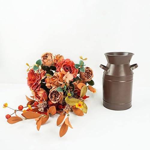 Miniatura 7 de Krissing Flores artificiales de otoño con maceta de metal, ramos de flores de seda de hortensias de otoño con tallos florales de otoño, arreglos