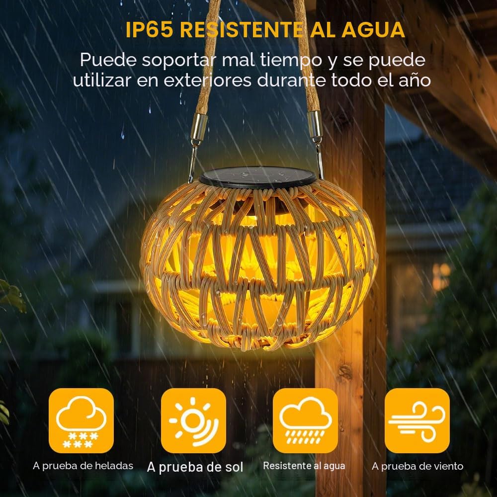 2 Piezas Farolillos Solares Exterior Colgante/De Pie, Ratán Lampara Solar Exterior Jardin, IP65 Impermeable Luz Solar Exterior Mesa, Linterna Solar Decoracion Jardin Exterior Terraza Balcón Patio