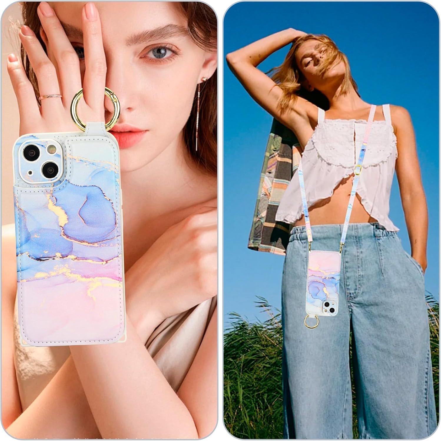 HAOPINSH Crossbody Wallet Case with Card Holder for iPhone 13, RFID Blocking Leather with Wrist Strap Lanyard, Finger Grip Ring, Pink Blue Marble Print Flip Folio Kickstand Camera Protection 6.1"