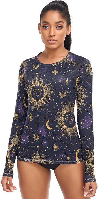 Boho Bohemian Moon Sun Rash Guard for Women Long Sleeve Swimsuits UPF 50+ Surf Swimsuits Top.XS