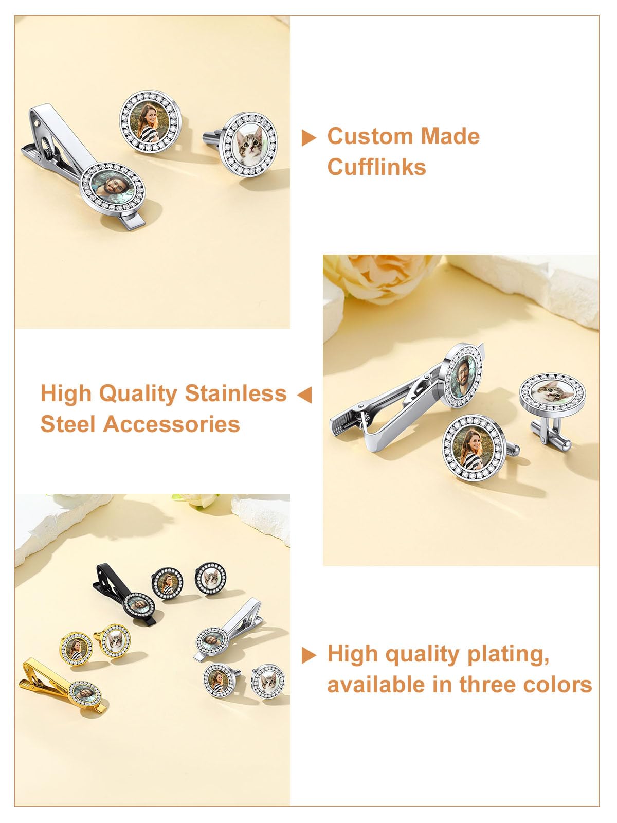 Custom4U Krawattennadel für Herren Personalisierte Krawattenklammer mit Name/Text/Foto Gravur Männer Edelstahl Manschettenknöpfe Krawattenklammern Set in Silber/Gold/Schwarz für Vatertag Alltag