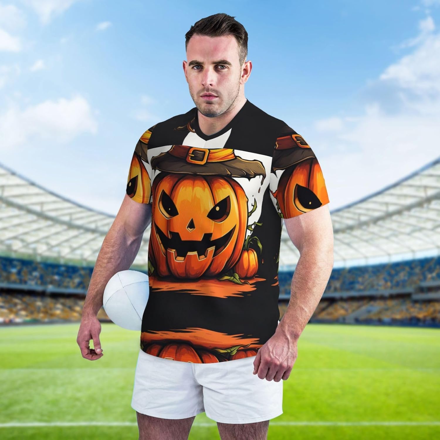 Halloween Cute Pumpkin Rugby Football Jersey for Men, Comfortable V-Neck Loose Fit Top for Team Sports Athletics