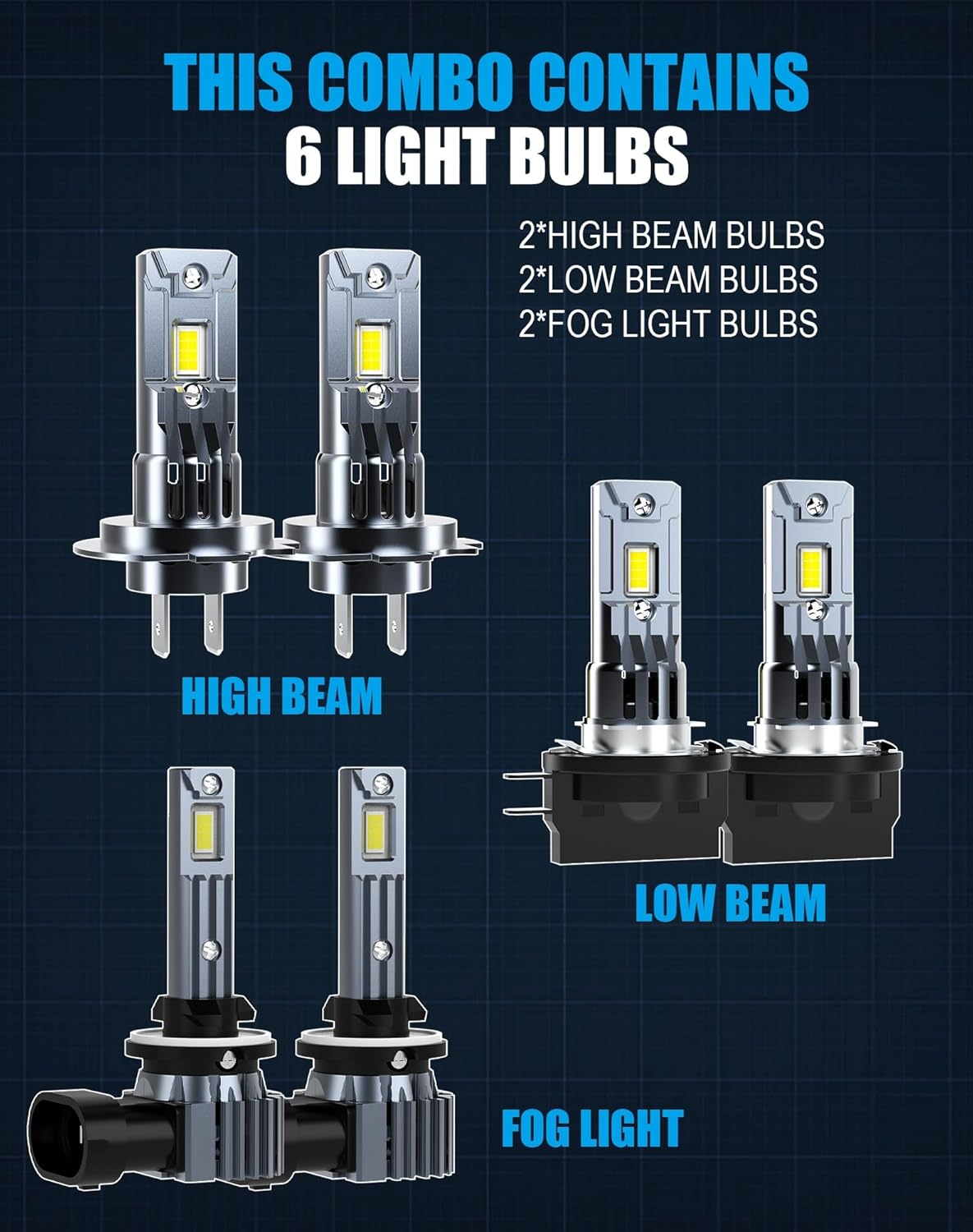 LED Bulbs Combo Compatible with Hyundai Santa Fe 2010 2011 2012, H7 High Beam H11B Low Beam and 881 Fog Light Bulbs Combo, 50W 6500k White Plug and Play, 6-Pack
