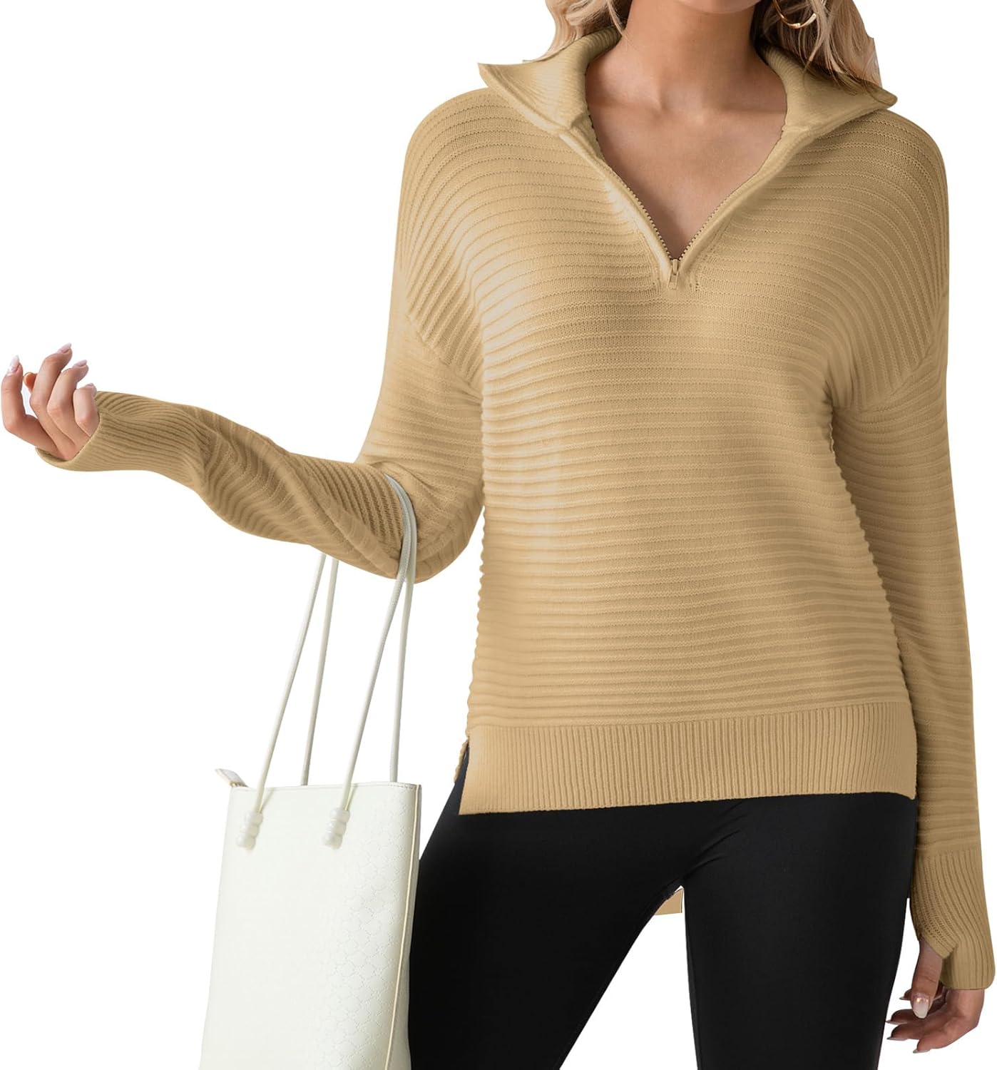 Womens Sweater V Neck Long Sleeve Zipper Casual Bussiness Fall Pollover Trendy Tops