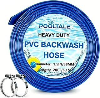 POOLTALE 1.5" x 20 FT Pool Backwash Hose, Heavy Duty Reinforced Lay-Flat Sump Pump Hose, Discharge Hose with 2 Clamp for Pool Filter, Drain Clean Swimming Pools and Filters for Inground Pools