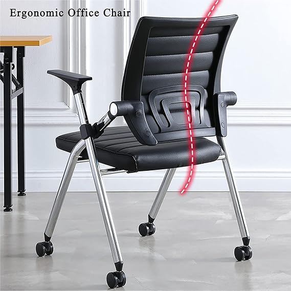 Ergonomic Foldable Office Chair with Wheels - Adjustable Height Black Desk Chair with PU Leather Seat & Padded Arms, Comfortable Folding Chair for Home Office, Study & Small Spaces