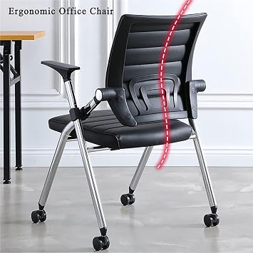 Ergonomic Foldable Office Chair with Wheels - Adjustable Height Black Desk Chair with PU Leather Seat & Padded Arms, Comfortable Folding Chair for Home Office, Study & Small Spaces