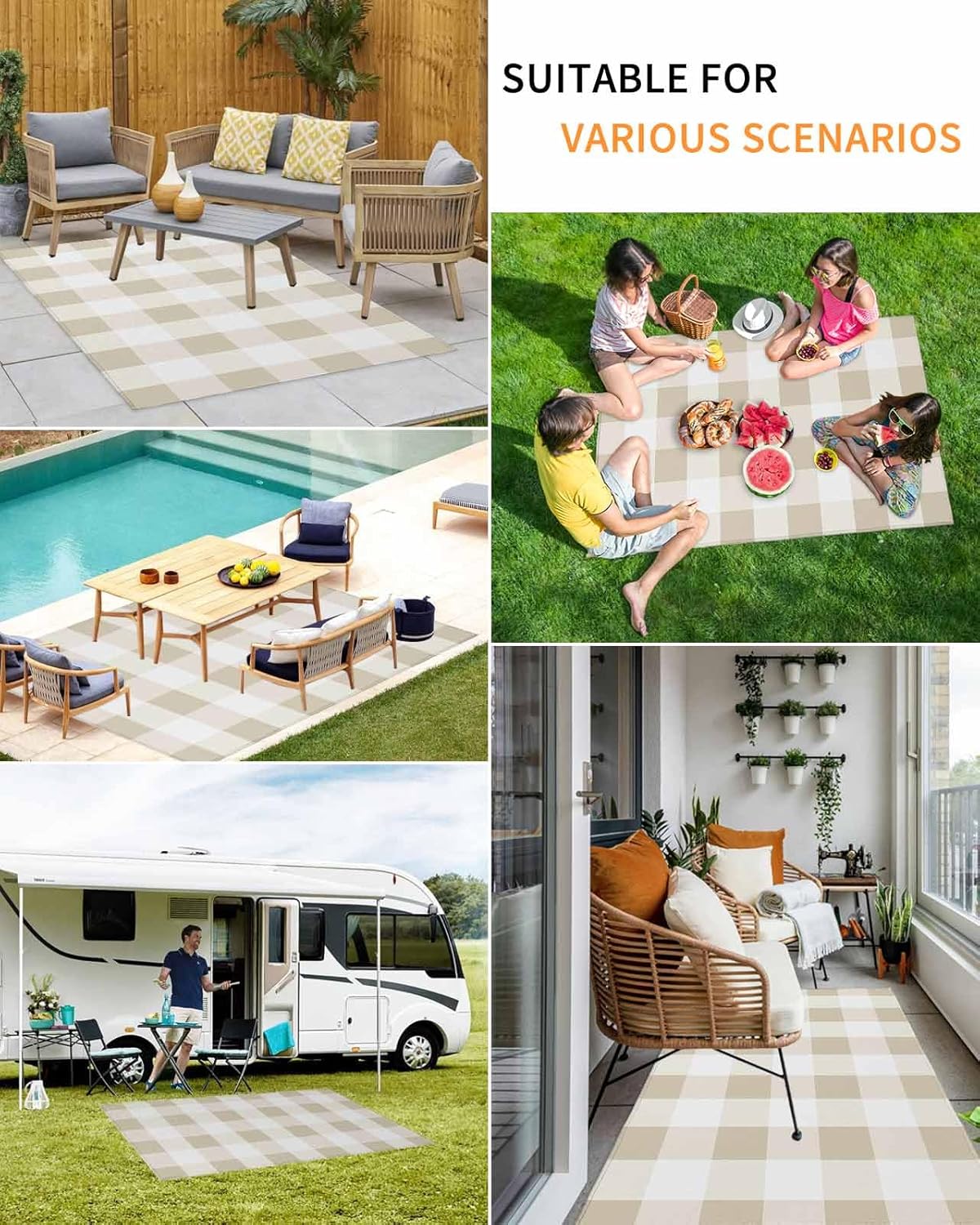 Outdoor Rug 4x6 ft Brown White Plaid Outdoor Large Area Rug Non Slip Rubber Simple Style Washable Front Door Mat RV Rug Camping Carpet Patio Outdoor Rugs for Backyard Balcony Deck Porch Indoor