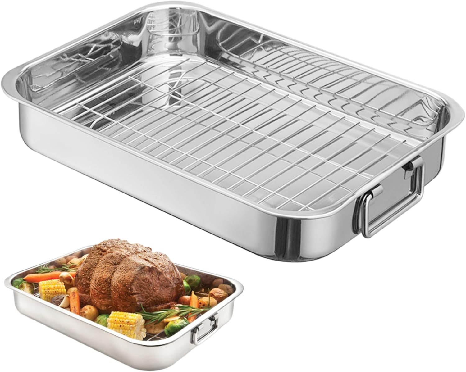 Roasting Pan with Rack Stainless Steel Roasting Pan Nonstick Lasagna Rectangular Turkey with Sturdy Handles Easy to Clean 14.2x10.2x2.4