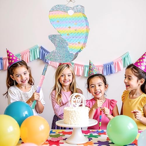 Miniatura 260 de WERNNSAI - Piñata de sirena plegable, piñata de cumpleaños con flecos que incluye cuerda para jalar, venda y bate. Decoraciones