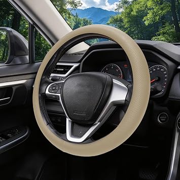 Nappa Leather Steering Wheel Cover for Jeep Liberty 2008-2010, Car Interior Accessories, Anti-Slip Breathable Protector, Large Size Steering Wheel Cover with 15.5-16 inch Outer Diameter Beige