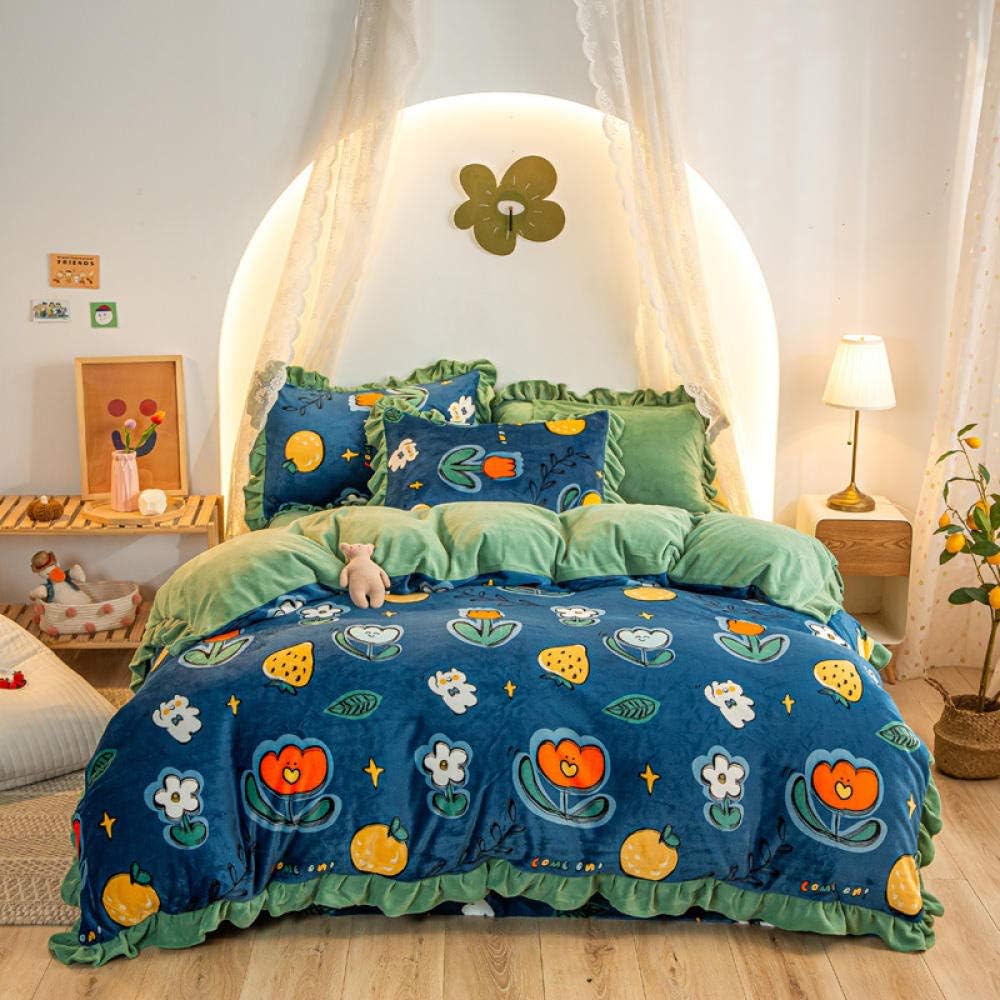 Flannel Duvet Cover Milk Velvet Four-Piece Winter Coral Velvet Cute Cartoon Style Flannel French Velvet Duvet Cover Bed Linen-Blue_1.8 Meters