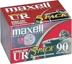 Maxell Fita cassete UR 90 normal viés para gravação de áudio, baixo ruído, tempo de gravação de 90 minutos, pacote com 5