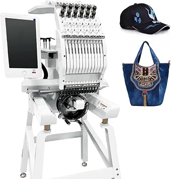 12-Needle Commercial Embroidery Machine for Hats & Apparel, 1000 RPM Single-Head Embroidery with 10" Touchscreen, 500 Built-in Designs & USB Import, Complete Starter Kit,WhiteB