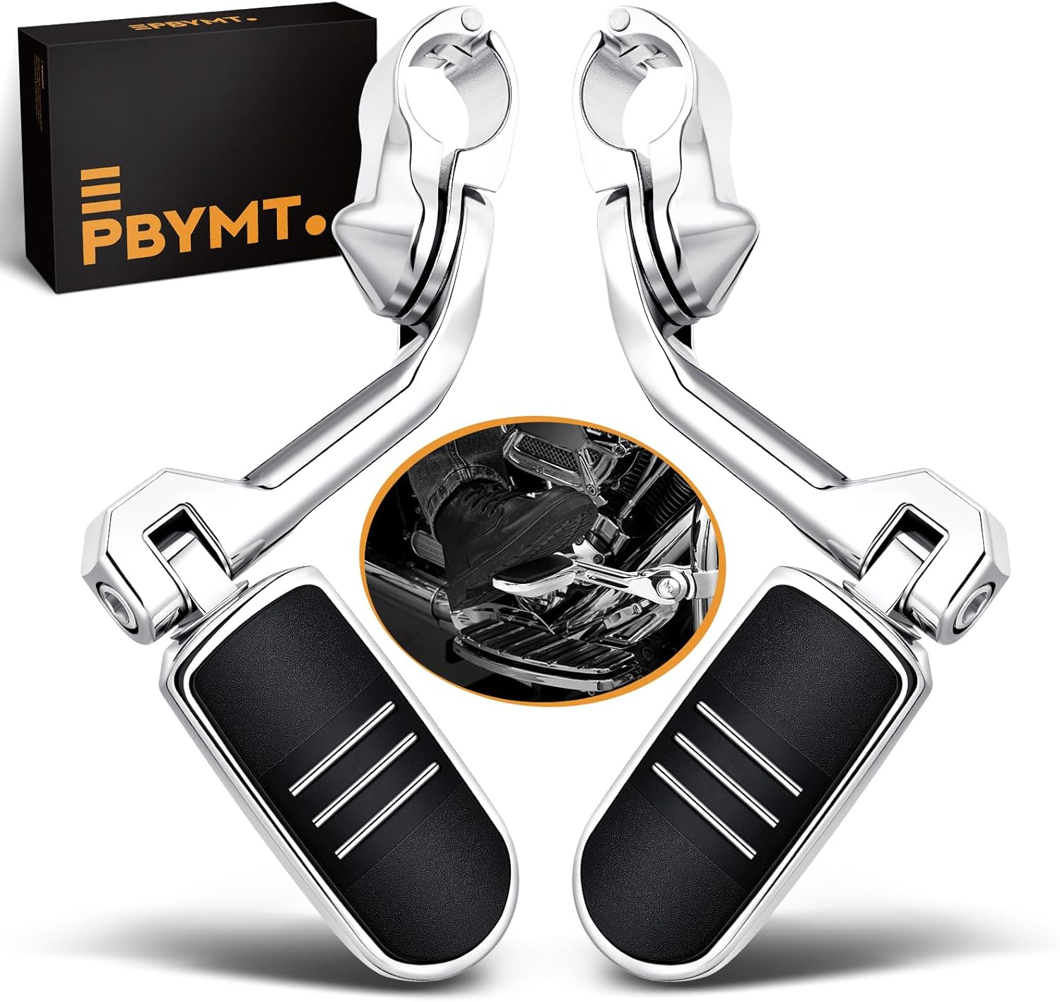 PBYMT Highway Pegs Long Angled 304 Stainless Steel, Highway Footpegs Footrest Fit For 1''&1.25''(25/32mm) Crash Bars Compatible with Harley Davidson Touring Chrome