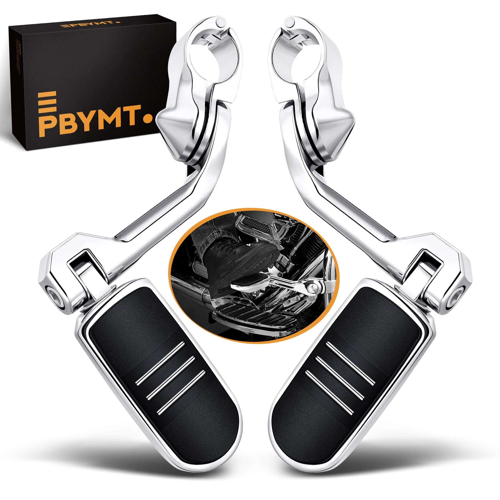 PBYMT Highway Pegs Long Angled 304 Stainless Steel, Highway Footpegs Footrest Fit For 1''&amp;1.25''(25/32mm) Crash Bars Compatible with Harley Davidson Touring Chrome