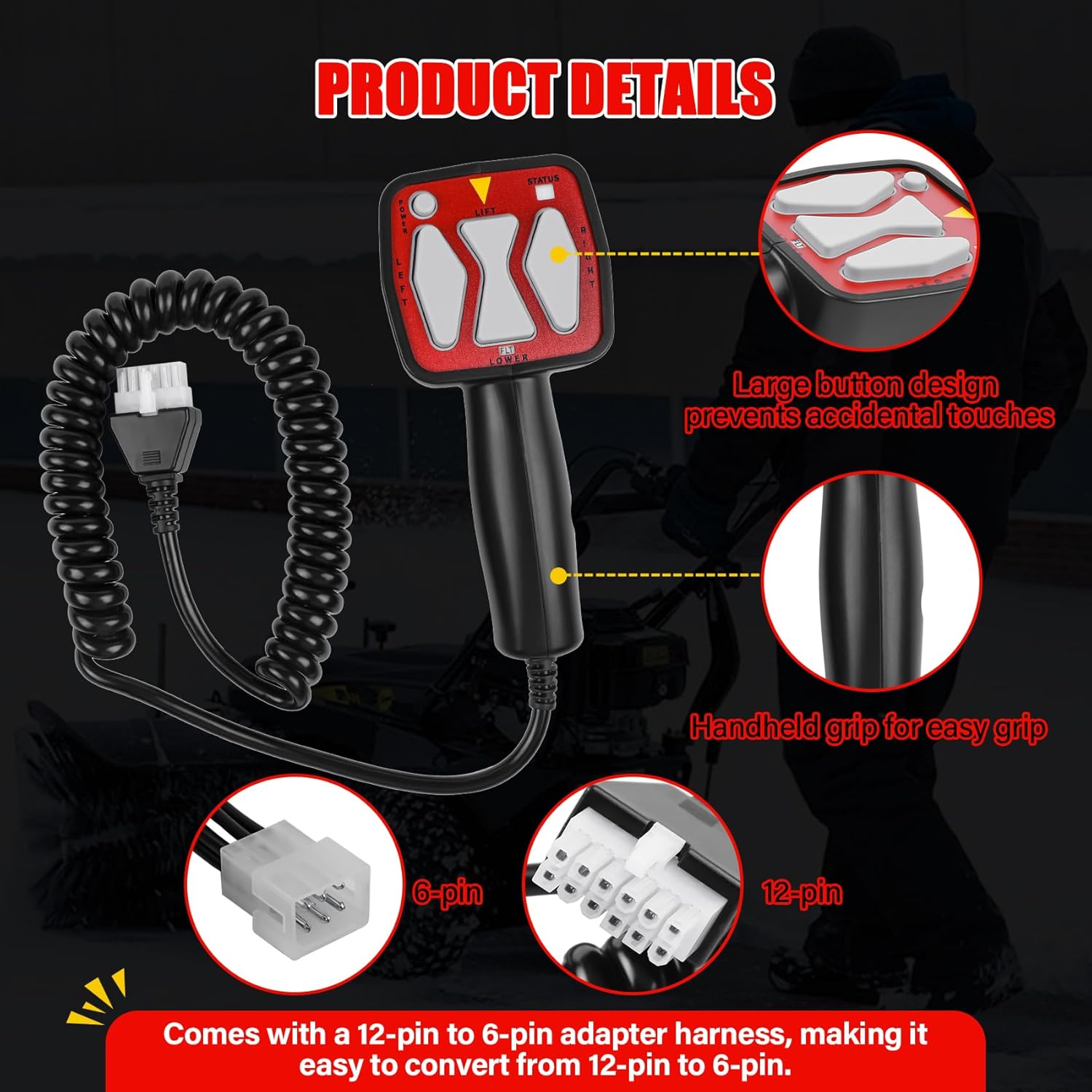 1306902 Snowplow Handheld Controller Kit Compatible with Western and Fisher Snow Plow, Straight Blade Plow Controller Replace for Western 56462 Fisher 9400, with 12-pin to 6-pin Adapter Harness, Red