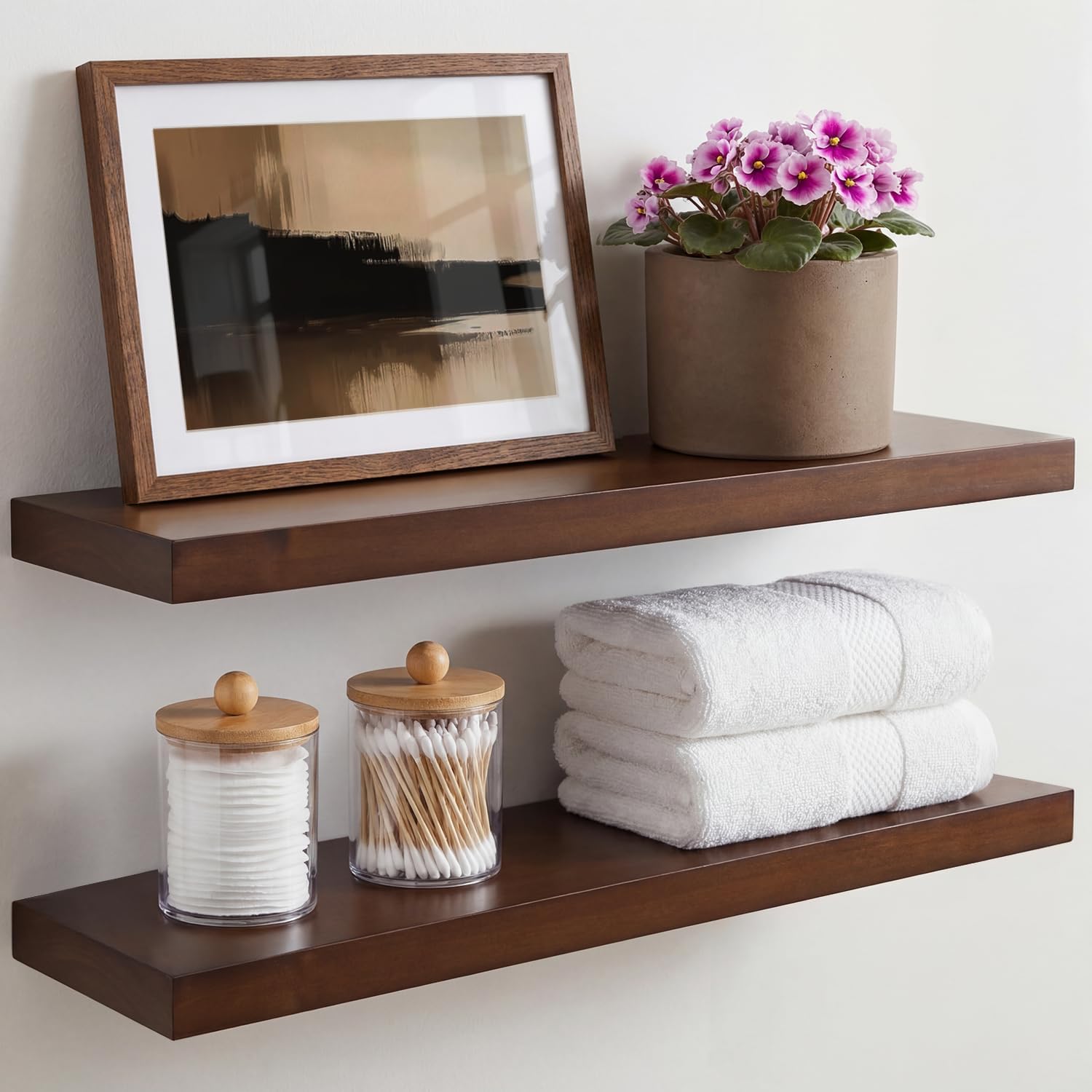 Homeforia 24inch Walnut Floating Shelves for Wall, High End Solid Real Wood 24in Floating Shelf for Bathroom, Dark Brown 24 inch Long Floating Shelves, Heavy Duty Bracket, 24 X 6.5 X 1.75 in, Set of 2
