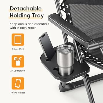 NEWBULIG Zero Gravity Chair, Folding Patio Recliner with Removable Cushion & Cup Holder Trays, Portable Lounge Chair for Beach & Camping, Classic Black