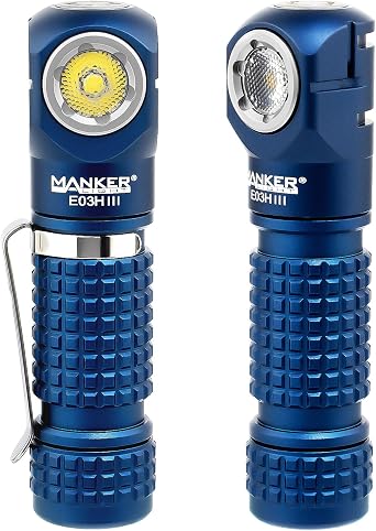Manker E03H III Rechargeable Headlamp Pocket Mini Flashlight with Clip - 90 Degree EDC AA Right Angle Flashlight with Headband and Magnet Tail 6500K Cool White, Blue