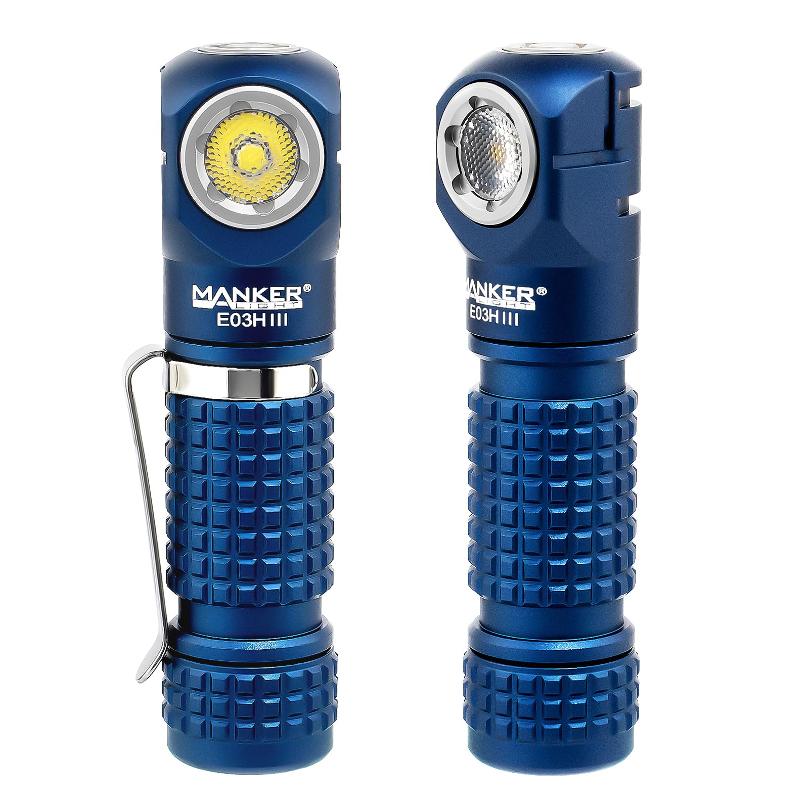 Manker E03H III wiederaufladbare Stirnlampe, 1200 Lumen, Mini-Taschenlampe mit Clip, 90 Grad EDC AA rechtwinklige Taschenlampe mit Kopfband und Magnetschwanz, Blau