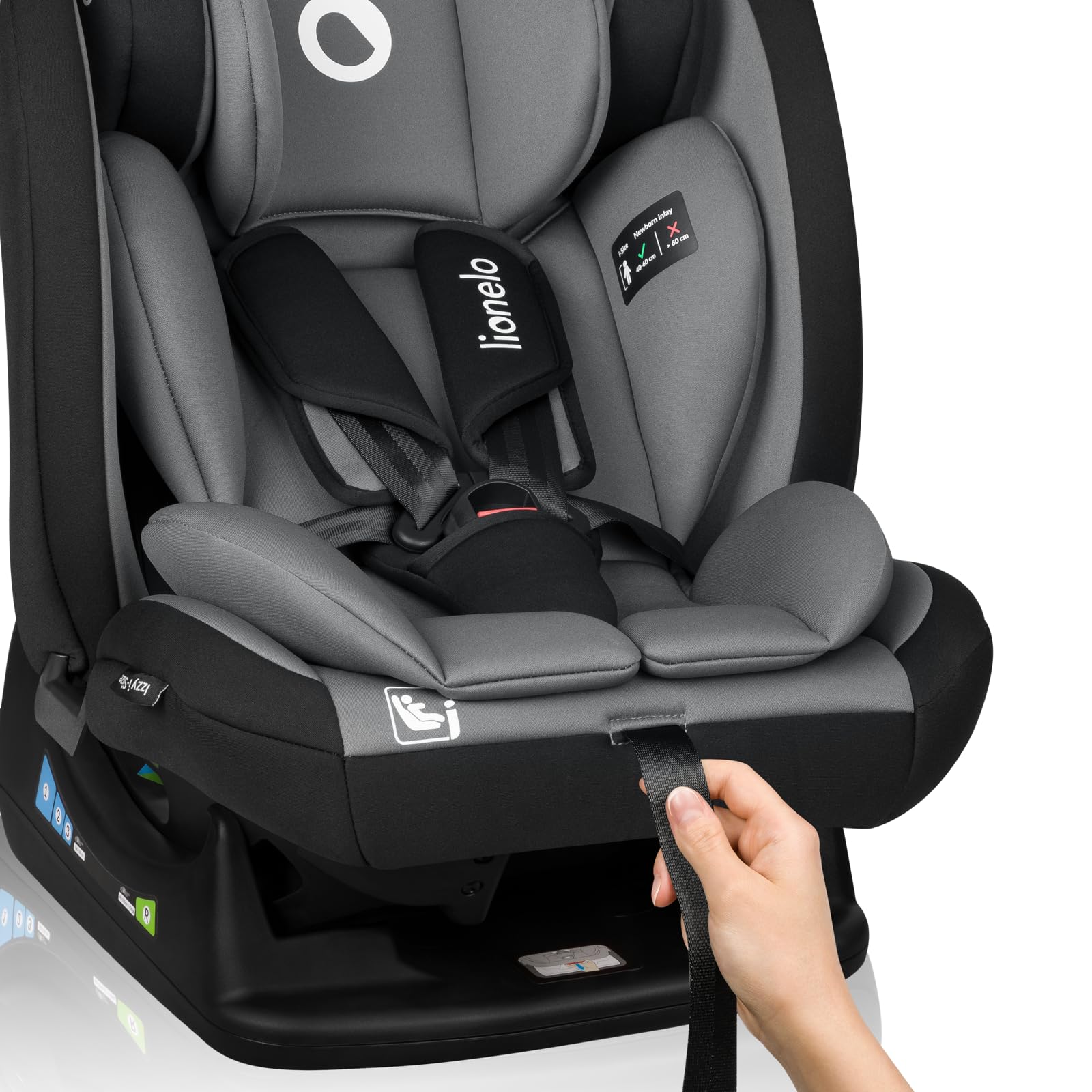 LIONELO IZZY I-SIZE Asiento infantil para niños pequeños de 40-150 cm, instalación versátil, orientado hacia delante y hacia atrás, reposacabezas reforzado, reposacabezas ajustable en 13 posiciones | Instalación Versátil, Orientado hacia Delante y hacia A