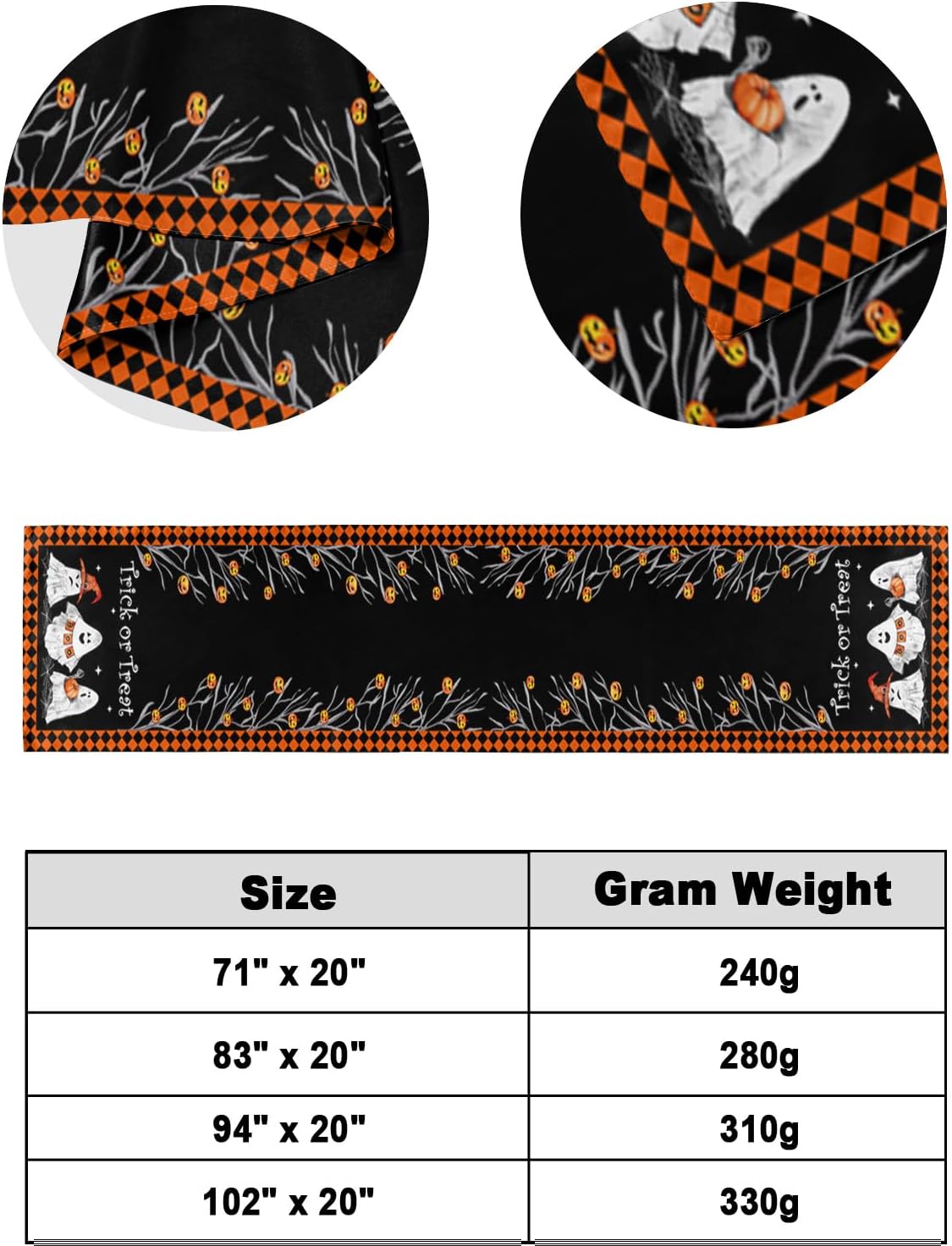 Halloween Bed Runner Scarf Trick Or Treat Halloween Ghost Pumpkin Orange Black Plaid Bedding Scarf Decorative Bed Runners Cover for Bedroom Hotel Wedding Room Bed Scarf for Foot of Bed Full 83x20in