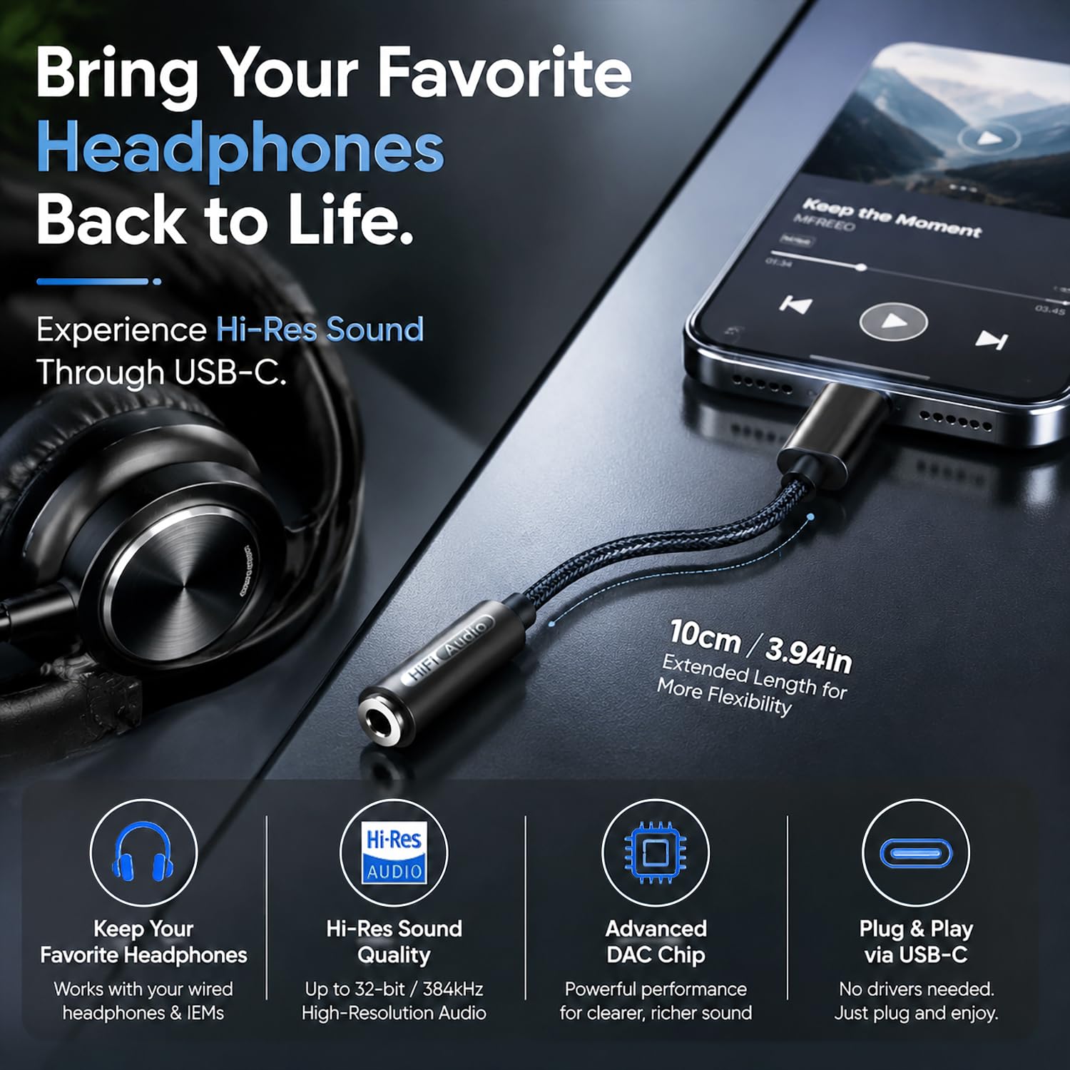 USB C auf 3,5 mm Hi-Res Audio-Adapter, eingebauter DAC, Typ C auf AUX-Kopfhöreranschluss, Sound in Studioqualität, unterstützt Anrufe, kompatibel mit iPhone 15, 16, 17, Samsung Galaxy S25, S24, S23