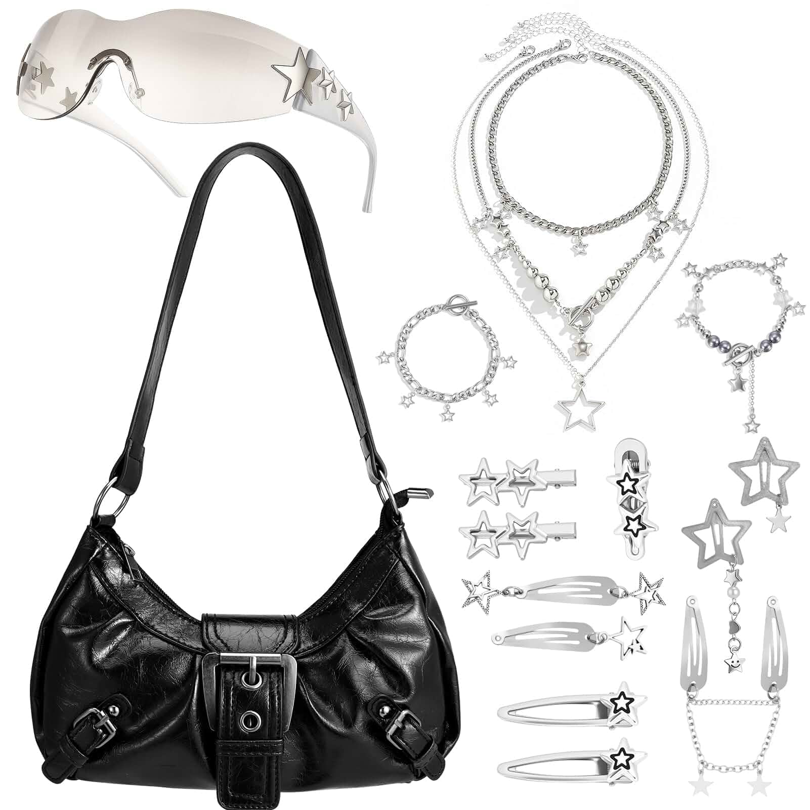Y2k Purse Shoulder Bag Vintage Buckle Handbag Goth Punk Hobo Bags | Y2k Accessories Set Vintage Jewelry Set for Women
