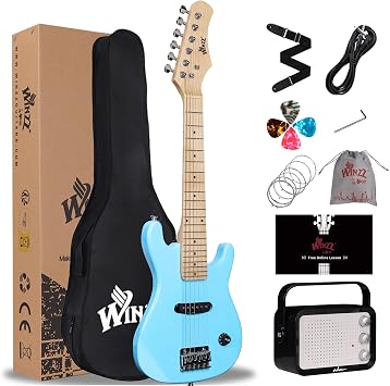WINZZ EGM100 30 Inches Real Kids Electric Guitar with Beginner Kit, Right Handed (Light Blue)