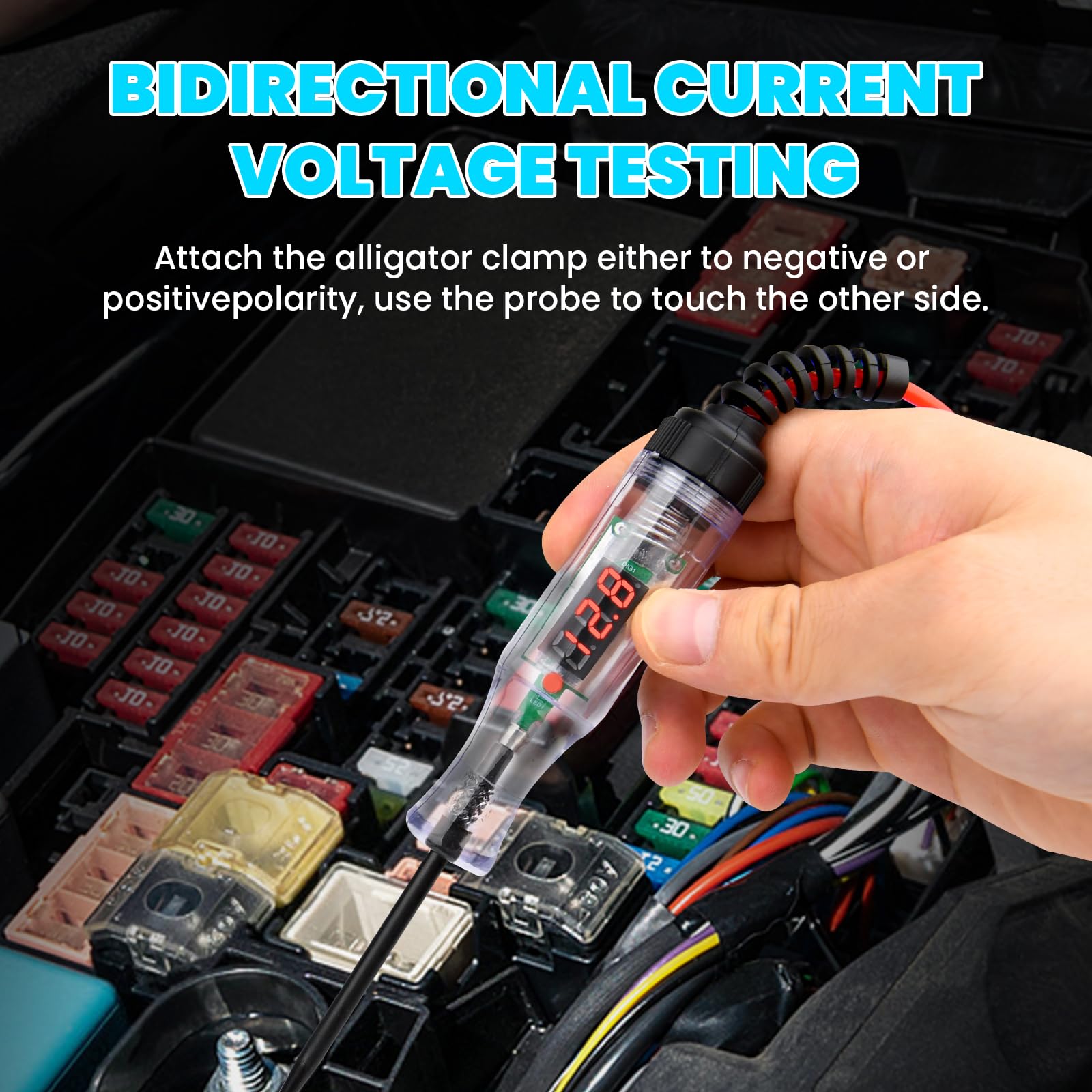 Luz de prueba automotriz, probador de circuito LED digital de 5-90 V con pantalla de voltaje, probador de circuito bidireccional automotriz, probador de voltaje eléctrico con cable de resorte