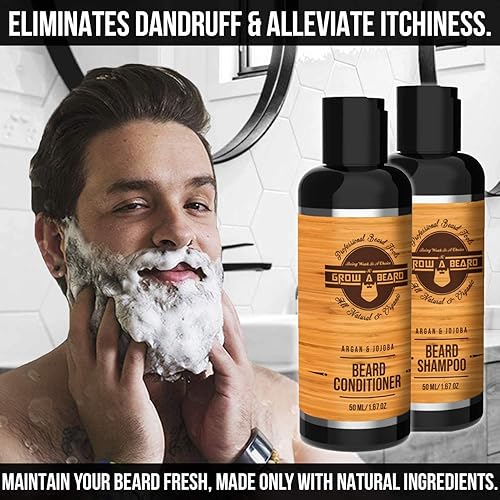 Miniatura 8 de Kit de cuidado para hombre con alisador de barba, cepillo de barba, peine de doble cara, aceite sin perfume, bálsamo natural, champú, Negro