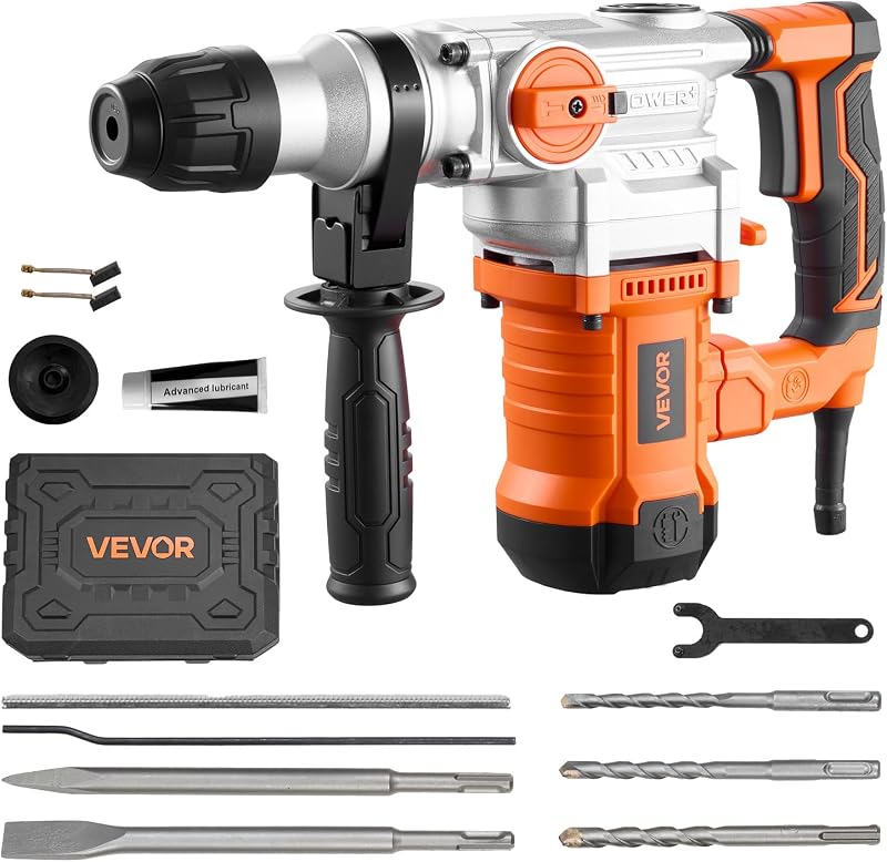 Rotary Hammer Drill, 1-1/8 in SDS-Plus Electric Corded Heavy Duty Rotary Hammer, Including 3 Drill Bits, Flat Chisel, Pointed Chisel, Grease, Brush, and Carrying Case, for Concrete and Masonry
