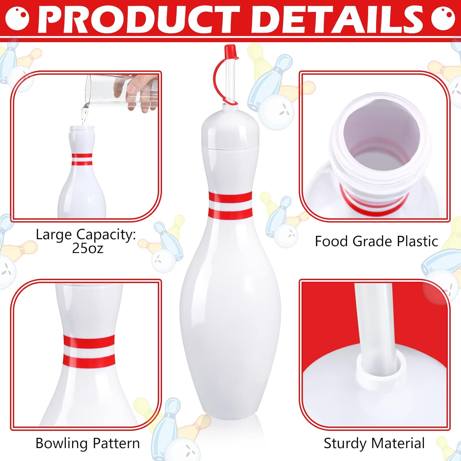 Funtery 6 Set Bowling Lovers Gifts for Men Women 25 oz Reusable Bowling Pin Plastic Water Bottles with Straws and Lids Sports Fans