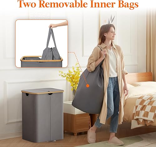 Miniatura 3 de Lifewit Cesta doble para la ropa sucia de 150 litros con tapa, cesta doble grande para la ropa sucia, bolsas extraíbles, 2 secciones estéticas para
