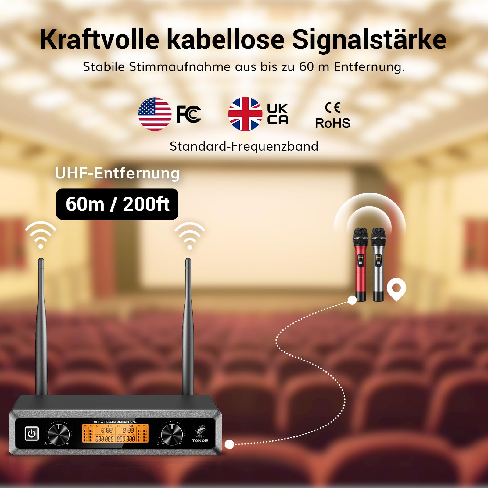 TONOR UHF Funkmikrofon Set, professionelles dynamisches Drahtlos-Doppelmikrofonsystem mit 2 Handmikrofonen, Karaoke-Set für Party, DJ, Kirche & Hochzeit, bis zu 60 m Reichweite, TW820, Silber