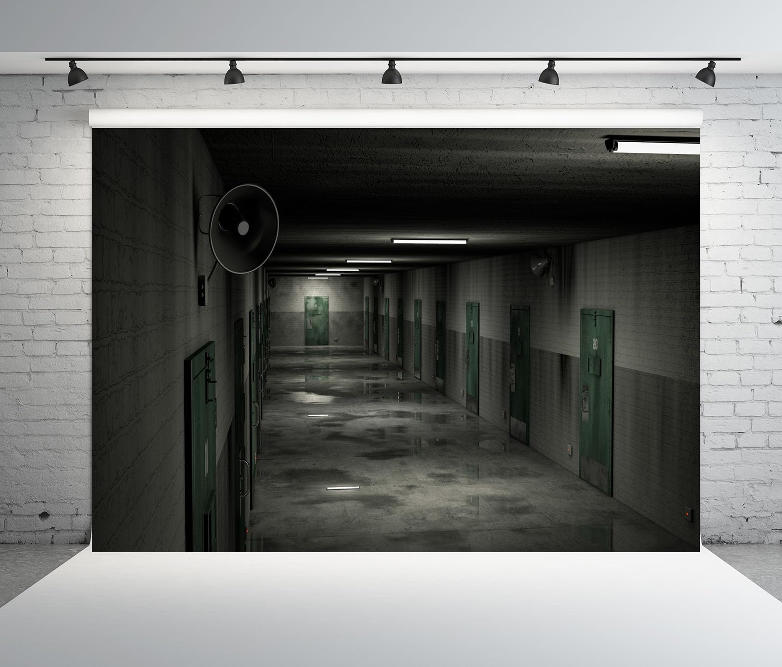 12x10FT (3.6x3m) Corridoio Scuro Con Porte Verdi Sfondo Fotografico