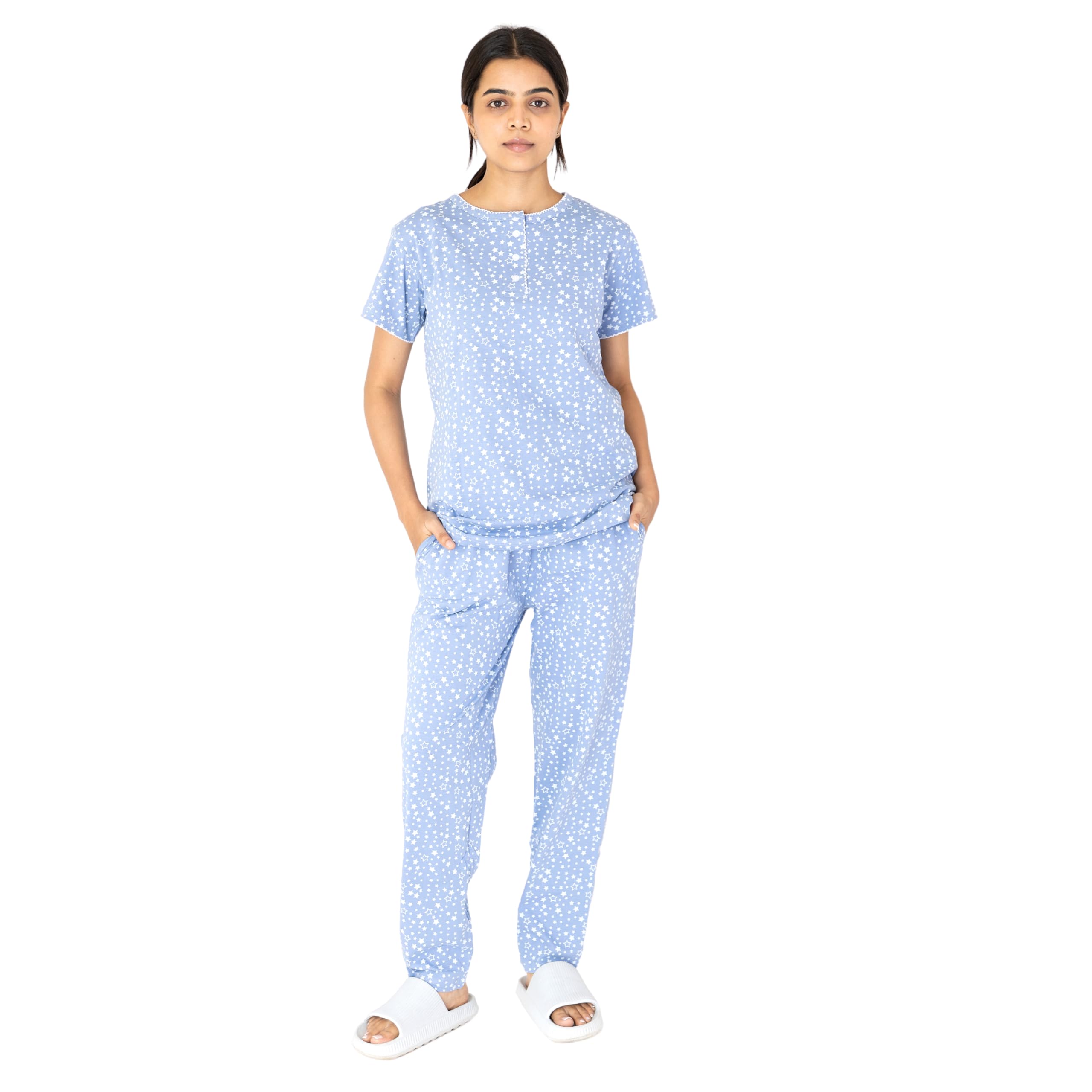 Star Print SkyBlue Women's Top & Pyjama Set | Comfortable Knitted Cotton | Round Neck Top with Three Buttons | Pyjama with Side Pockets | Elastic Waist & Drawstring-image-15